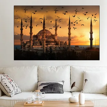 A kék Mecset Isztambul Tájkép Vászon Festmény Naplemente Iszlám Poszterek, Nyomatok, Wall Art Képek lakberendezés Nincs Keret