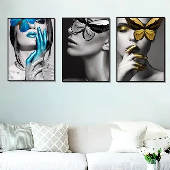 Absztrakt Wall Art Képek Divat Nő pillangó Ajkak, Arany, Fehér, Fekete, Modern Otthon Vászon Festmény Szépség Dekoráció, Poszterek
