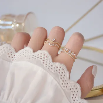Divat koreai 14K Arany Bevonatú Micro Intarziás CZ Nyílt Tervezési Gyűrűt a Végzet AAA Bling Cirkónium-oxid Állítható Dupla Réteg Bijoux