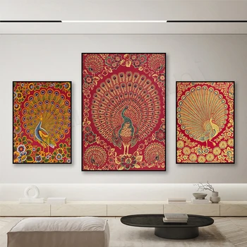 Indiai Páva Festmény Poszter, Lakberendezés, Indiai Szövet, Vászon, Print, Vintage Páva Poszter Wall Art Dekoráció