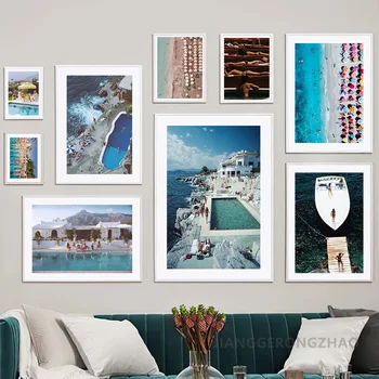 Mediterrán Stílusú Homokos Strand Táj, Kép, Vászon Festmény Wall Art Yacht Nyári Táj, Poszterek, Nyomatok, a lakberendezés