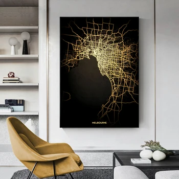 Északi Arany Fekete Világ City Térkép Wall Art Vászon Festmény, Párizs, London Térkép Poszterek, Nyomatok Falon Képek Nappali Dekor