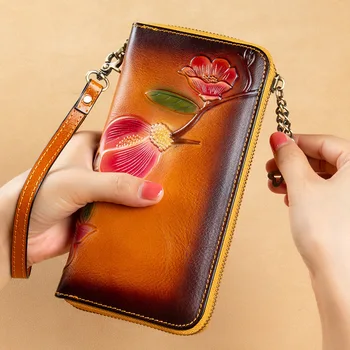 Új RFID-női pénztárca alkalmi felső réteg marhabőr női kézi kuplung egyetlen cipzáras tárca hosszú cipzár táska női táska